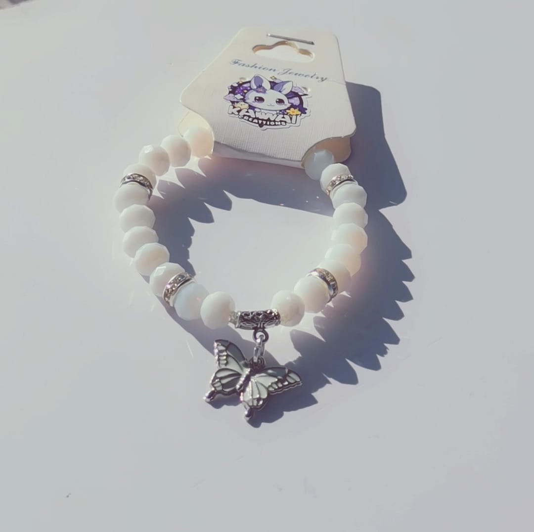 Solid White Crystal with white butterfly charm bracelet