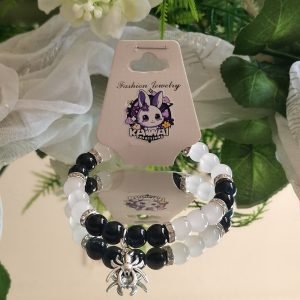 Black & off-white, spider charm elasticated bracelet
