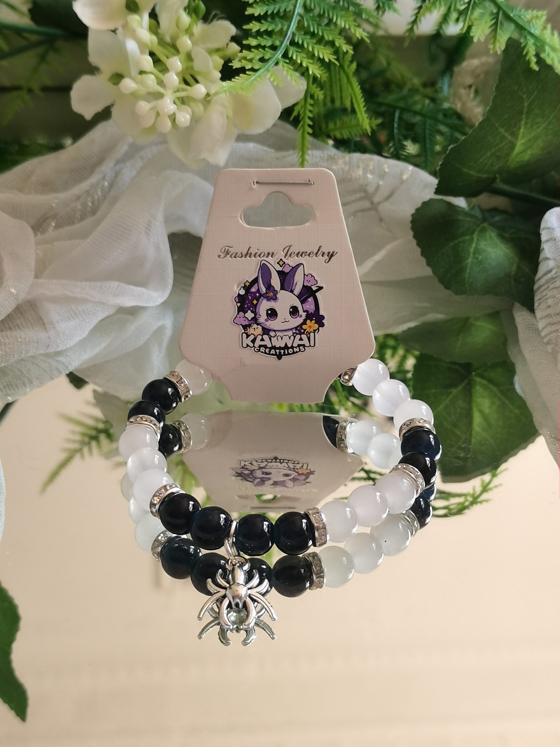 Black & off-white, spider charm elasticated bracelet