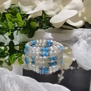 Powder blue crystal, frosted bead, silver spacer memory wire bracelet